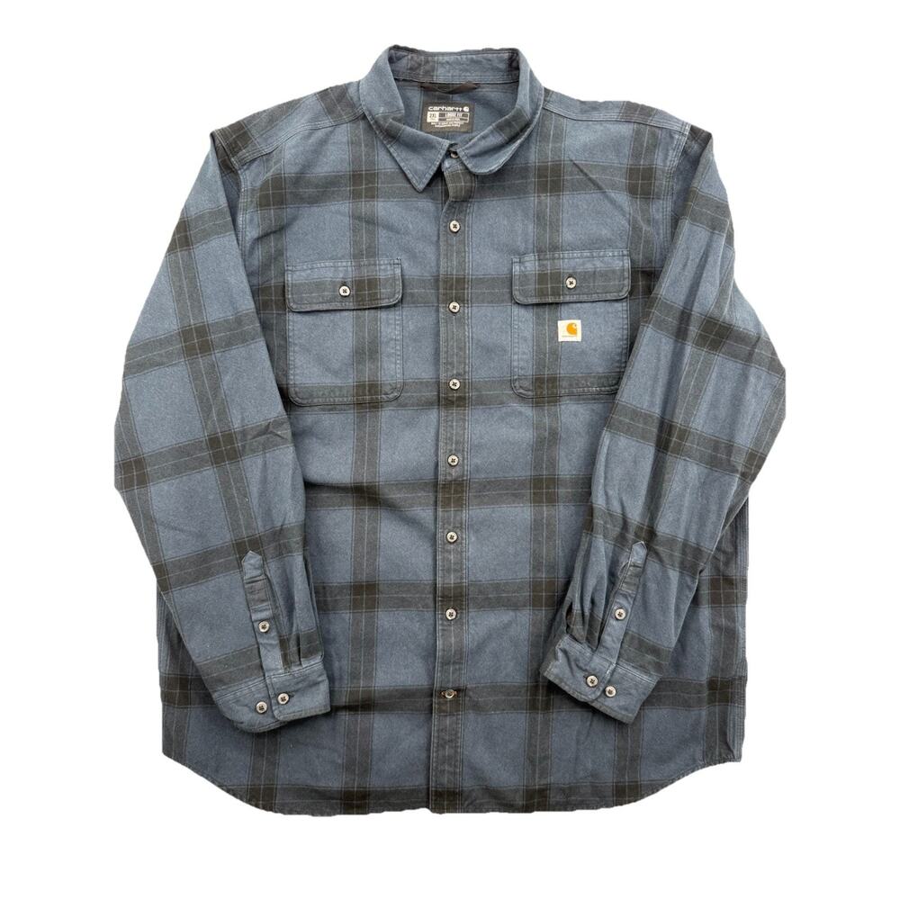Carhartt Flannel Shirt Mens Medium Blue Tartan Plaid Loose Fit Work Button Up